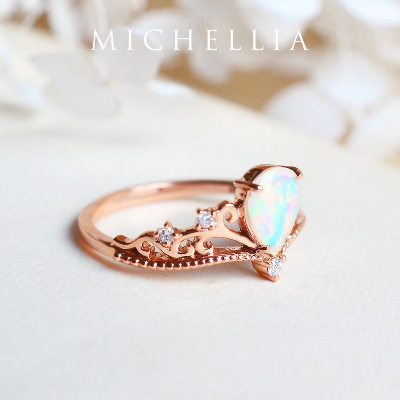 Veronica Opal Engagement Ring, Vintage Crown Pear Opal Ring, Rose Gold Opal Ring Set, Tiara Opal Bridal Set, 14K 18K Gold October Birthday image 2