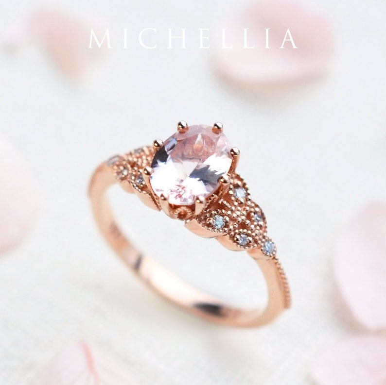 Olivia Morganite Engagement Ring, Floral Morganite Ring, Oval Morganite Ring Set, Rose Gold Morganite Bridal Set, Morganite Leaf Wedding Set image 1