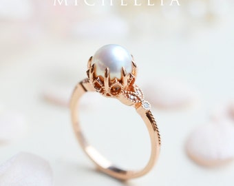 Evanthe Pearl Engagement Ring Vintage Floral Akoya Pearl Ring Rose Gold Pearl Leaf Floral Engagement Ring 14K Gold 18K Gold Platinum