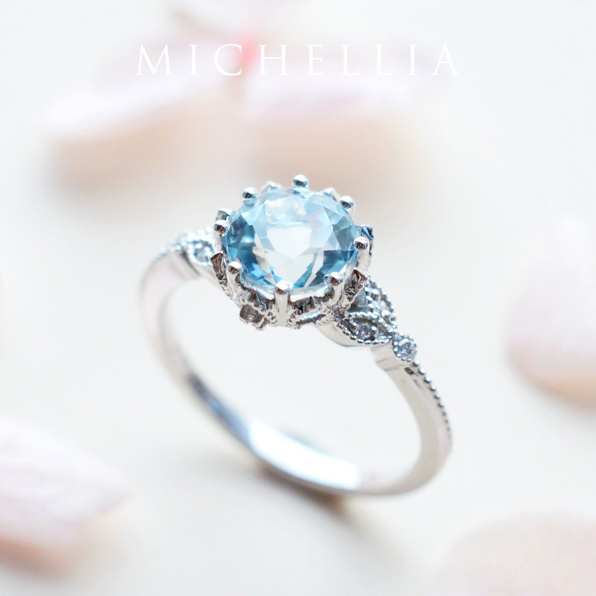 Evanthe Aquamarine Engagement Ring, Vintage Floral Aquamarine Ring, White Gold Aquamarine Leaf Engagement Ring, 14K Gold, 18K Gold, Platinum