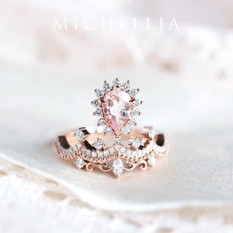 Angelique Morganite Engagement Ring, Rose Gold Pear Morganite Ring Set, Vintage Crown Wedding Bridal Set, 14k 18k Platinum image 1