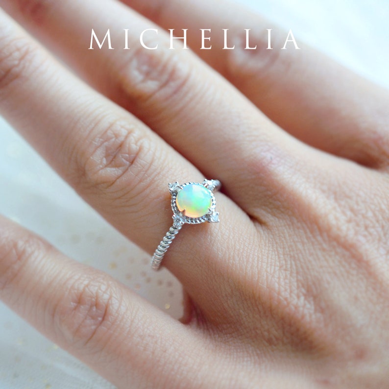 Stella Australian Opal Engagement Ring, Aura of Galaxy Opal Ring, Moon and Star Celestial Wedding, 14k 18K Rose Yellow White Gold Platinum image 5