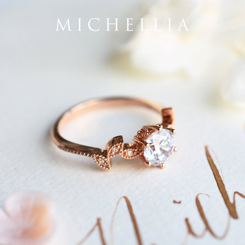 Dahlia Moissanite Engagement Ring, Petite Floral Moissanite Ring, Floral Leaf Promise Ring, Rose Gold Leaf Ring, Rose Gold Moissanite Ring image 2