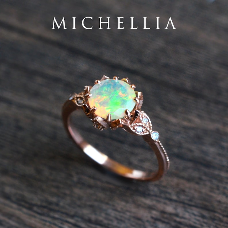Evanthe Opal Engagement Ring, Vintage Floral Opal Ring, Opal Floral Engagement Ring, Rose Gold Opal Leaf Ring, 14K Gold, 18K Gold, Platinum 