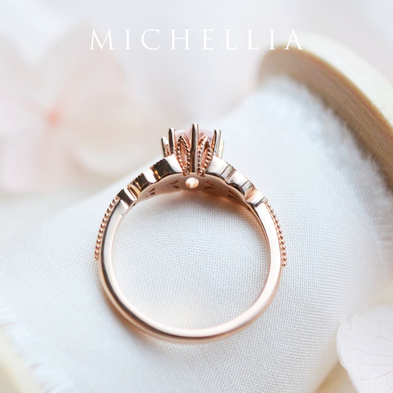 Olivia Morganite Engagement Ring, Floral Morganite Ring, Oval Morganite Ring Set, Rose Gold Morganite Bridal Set, Morganite Leaf Wedding Set image 5