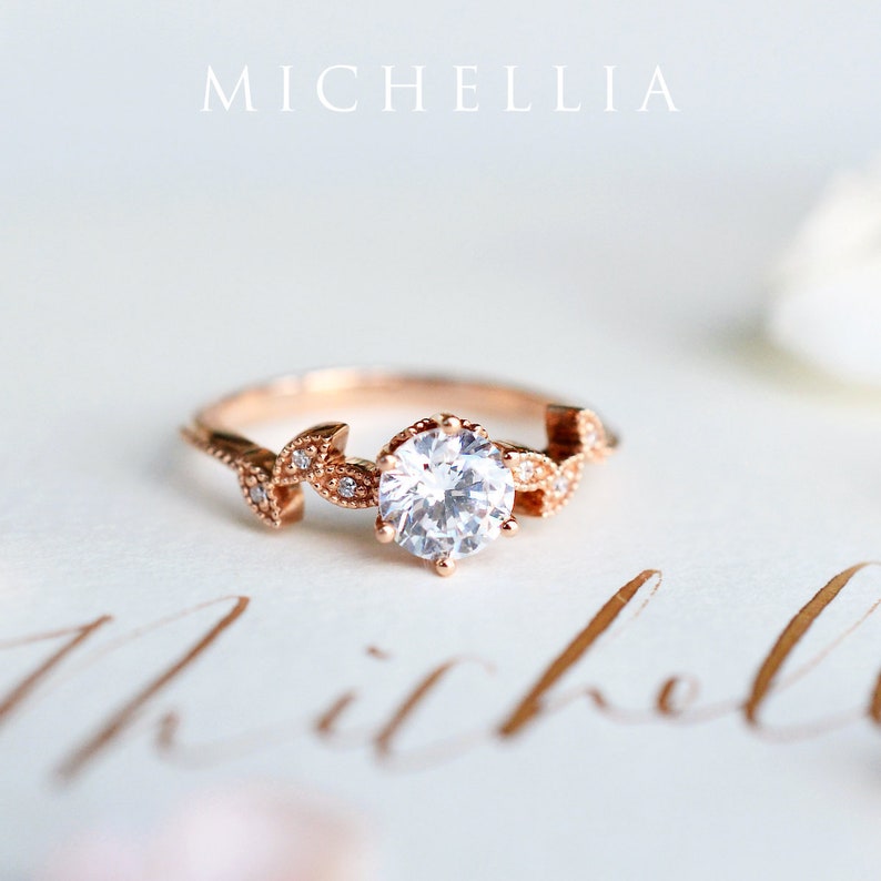 Dahlia Moissanite Engagement Ring, Petite Floral Moissanite Ring, Floral Leaf Promise Ring, Rose Gold Leaf Ring, Rose Gold Moissanite Ring image 1