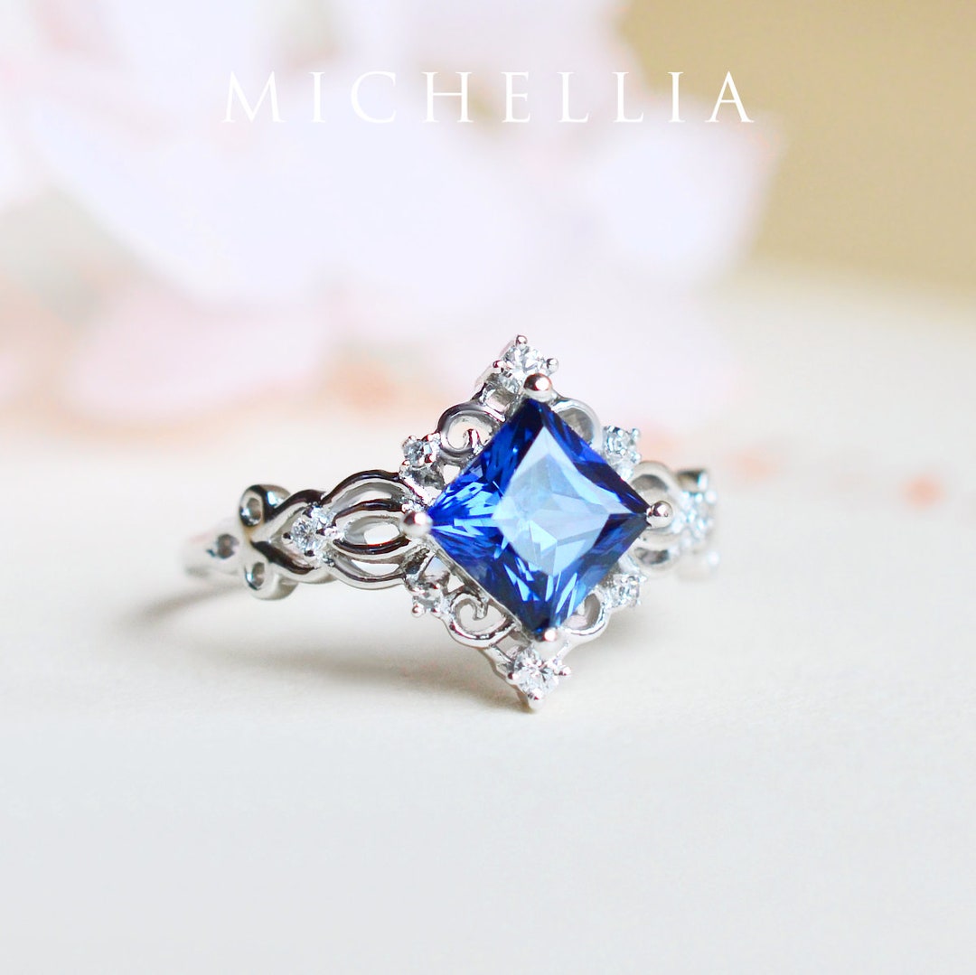 Elsa Sapphire Engagement Ring, Vintage Princess Cut Lab Sapphire Ring ...