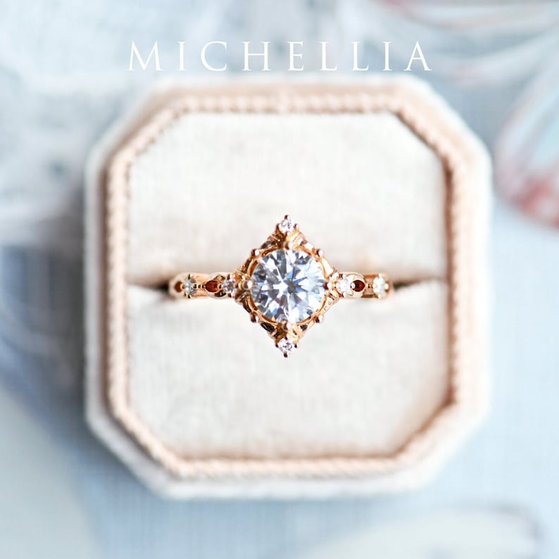 Annalise Moissanite Engagement Ring, Victorian Vintage Cocktail Ring, Art Deco Diamond Ring, 14K 18K White Yellow Rose Gold, Platinum image 1