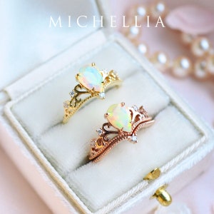 Veronica Opal Engagement Ring, Vintage Crown Pear Opal Ring, Rose Gold Opal Ring Set, Tiara Opal Bridal Set, 14K 18K Gold October Birthday image 7