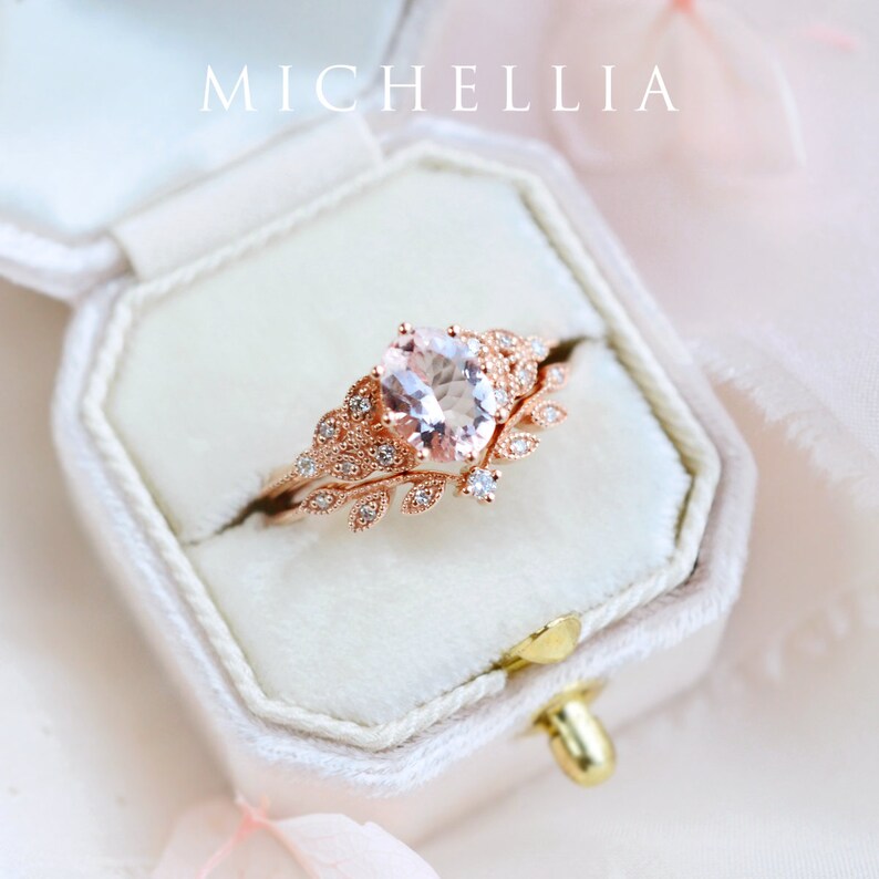 Olivia Morganite Engagement Ring, Floral Morganite Ring, Oval Morganite Ring Set, Rose Gold Morganite Bridal Set, Morganite Leaf Wedding Set image 9
