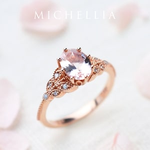 Olivia Morganite Engagement Ring, Floral Morganite Ring, Oval Morganite Ring Set, Rose Gold Morganite Bridal Set, Morganite Leaf Wedding Set image 3