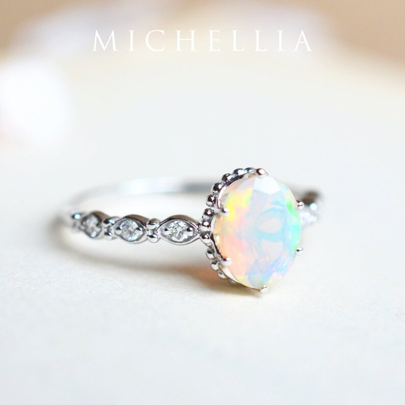 Evelina Opal Engagement Ring, Vintage Crown Oval Opal Ring, Art Deco Opal Oval Engagement Ring, Rose Gold White Gold Platinum Opal Ring 