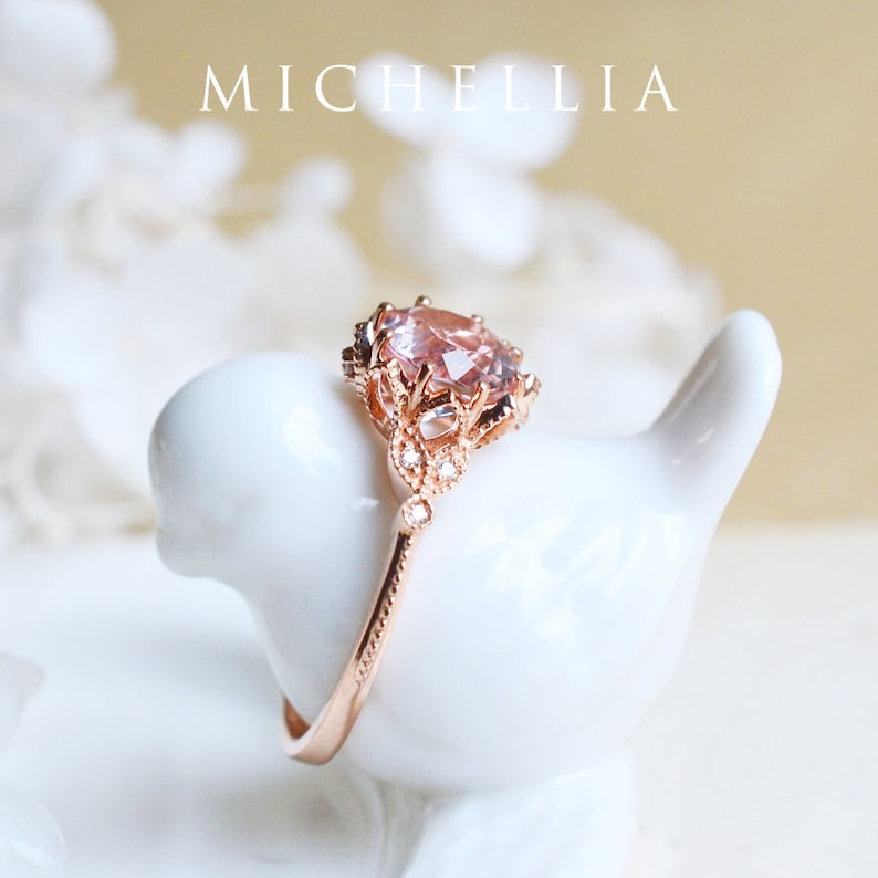 Evanthe Morganite Engagement Ring, Vintage Floral Morganite Ring, Rose Gold Floral Engagement Ring, Nature Inspired Leaf Morganite Ring image 2