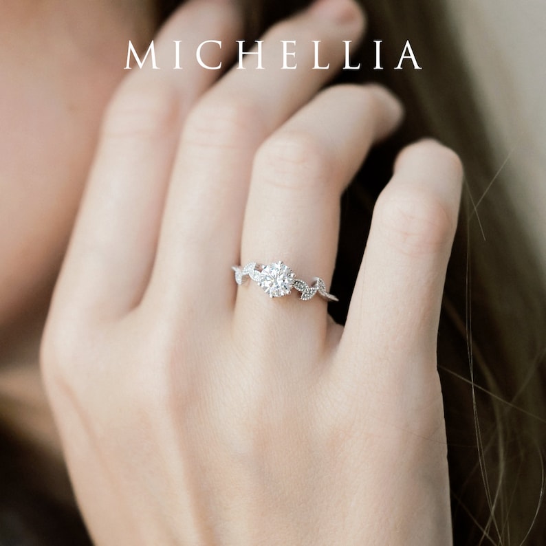 Dahlia Moissanite Engagement Ring, Petite Floral Moissanite Ring, Floral Leaf Promise Ring, Rose Gold Leaf Ring, Rose Gold Moissanite Ring image 5