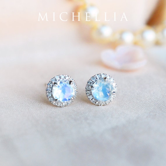 Nova Halo Diamond Earrings in Moonstone, Moonstone Diamond Ear Stud, Wedding Anniversary Gift For her, 14K 18K Solid Gold Platinum, E4001