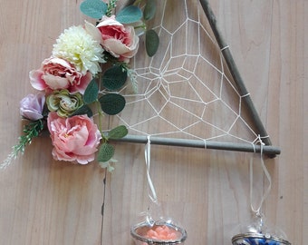 Dream catcher with flowers and glass hearts