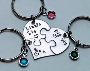 Heart puzzle piece keychain, Mother's Day gift, Birthstone, Puzzle keychain set