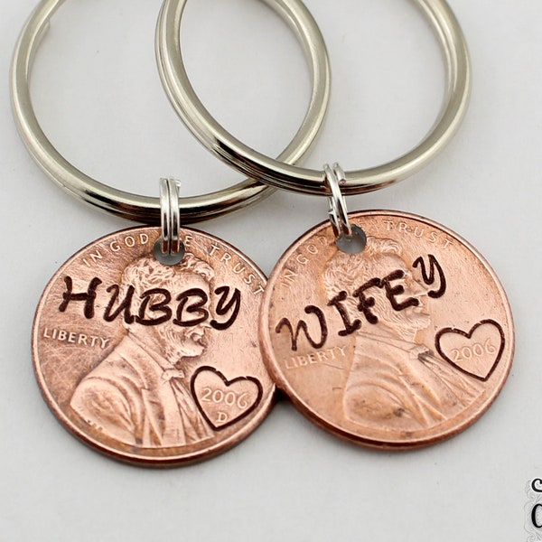 Hubby and Wifey Custom Keychain Set, Custom Keychain, Anniversary Gift, Gift for Wife, Gift for Men, Penny Keychain,Lucky Penny,Wedding Gift