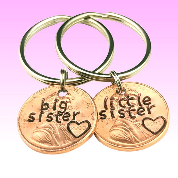Personalized Sister Keychain | Custom Sisters Est Date Gift | Hand Stamped Lucky Penny | Distance Sisterhood Keepsake | Gift for Sis