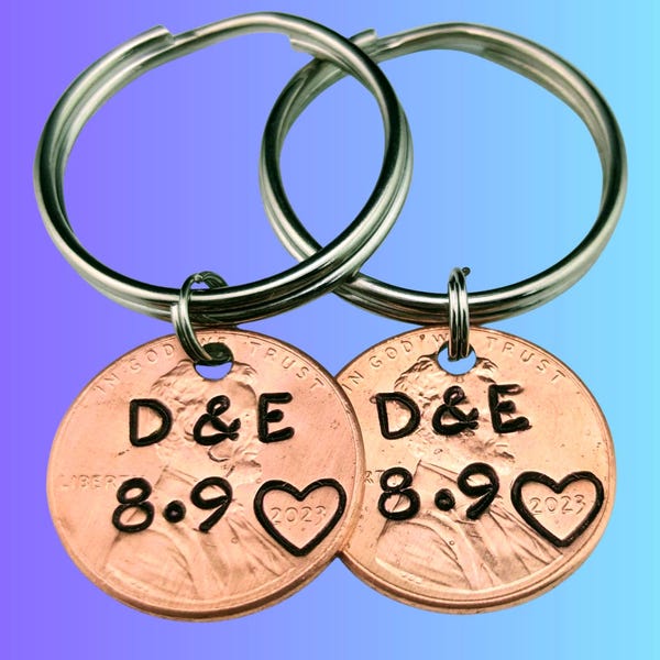 Personalized Anniversary Penny Keychain • Custom Lucky Penny Keychain for Husband Wife • Hand Stamped Couples Keyring • Meaningful Wedding