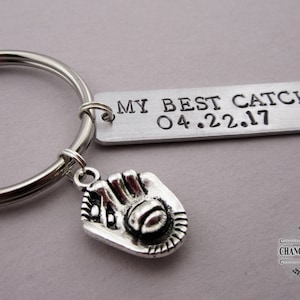 My Best Catch Mitt Keychain, Hand Stamped Custom Keychain, Gift for Husband, Gift for Boyfriend, Anniversary Gift, Custom Keychain, Baseball