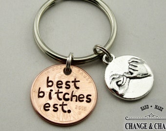 Best Bitches Est. Penny Keychain with Pinky Promise Charm, Best Bitches Keychain, Friend Keychain, Penny Keychain, Custom Gift, Personalized