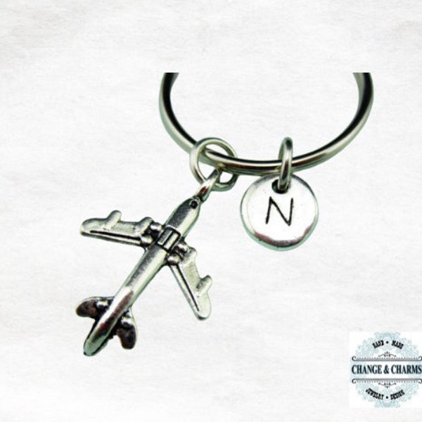 Airplane Keychain, Plane Keychain, Initial Charm, Silver Plated Initial, Plane Charm, Custom Keychain, Monogram, Personalized Gift, Airplane