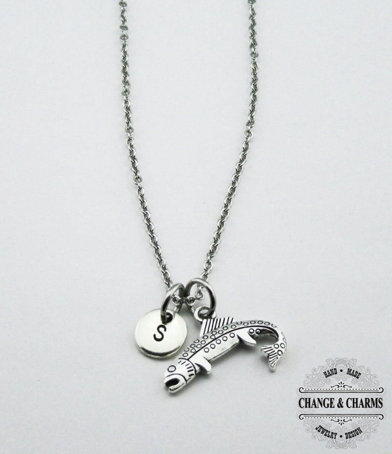 Stainless Steel Necklace Charm Necklace Initial Charm,Personalized Gift Monogram Fishing Bass Necklace Bass Charm Fish Custom Gift