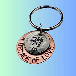 Custom 10 Year Anniversary Keychain • Hand Stamped Copper Dime Keyring • Tin Anniversary Gift for Husband Wife • Personalized Couples Gift