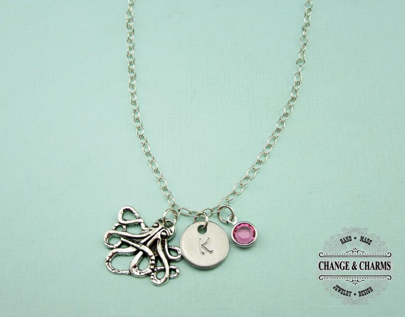 Charm Necklace,CAN015 Monogram Animal Charm Custom Gift Octopus Charm Animal Necklace Octopus Charm Necklace Sterling Silver Octopus
