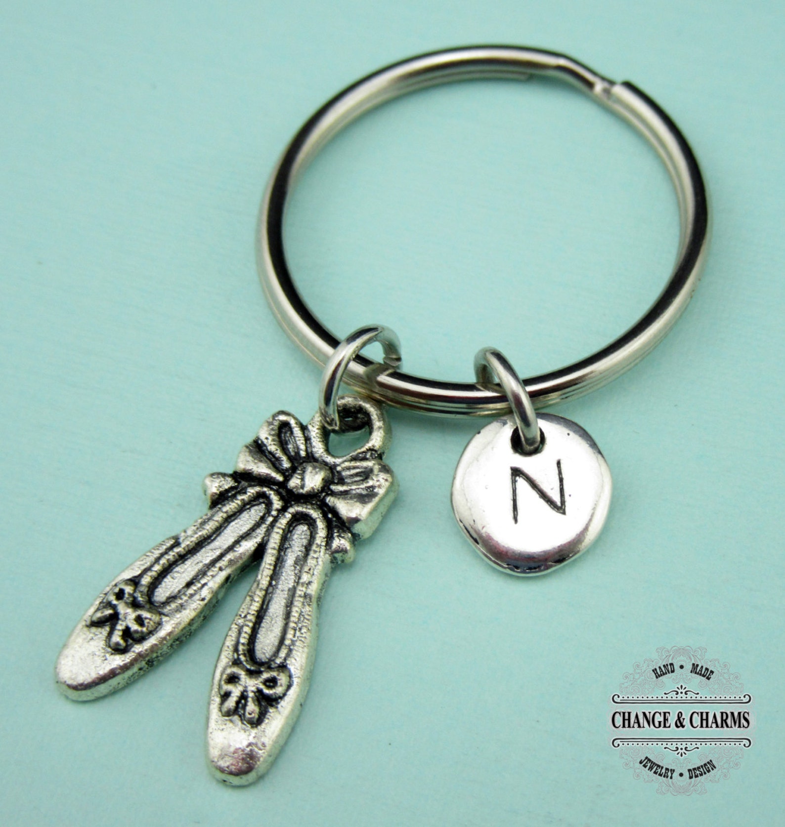 ballet keychain, ballet charm, ballet shoes, ballet, custom keychain, personalized gift, silver plated initial charm, keychain,