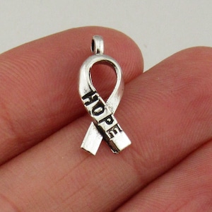 12 Hope Ribbon Charms Antique Silver Tone-2419