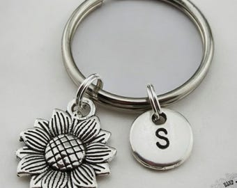 Sunflower Keychain, Initial Charm, Personalized Gift
