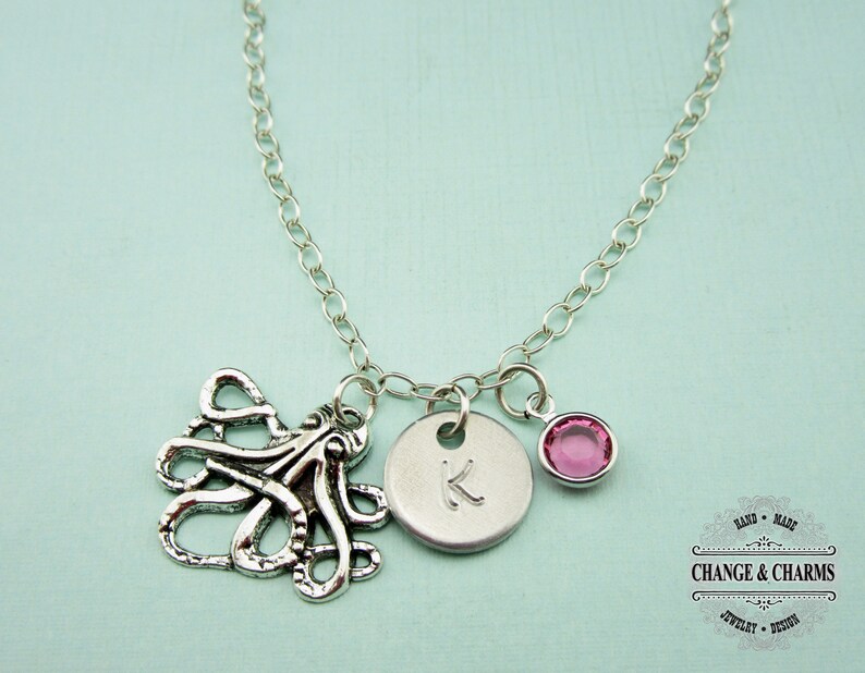 Charm Necklace,CAN015 Monogram Animal Charm Custom Gift Octopus Charm Animal Necklace Octopus Charm Necklace Sterling Silver Octopus