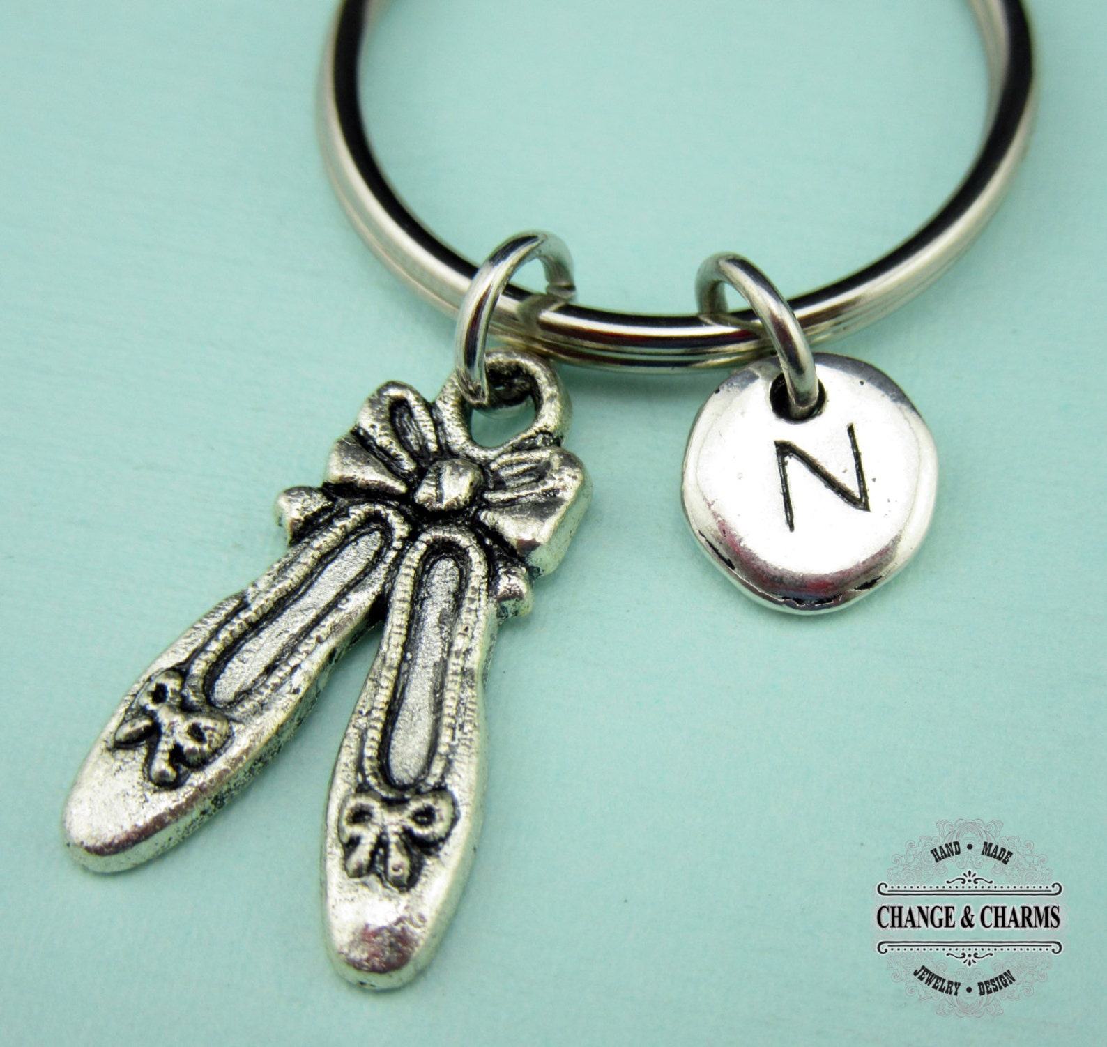 ballet keychain, ballet charm, ballet shoes, ballet, custom keychain, personalized gift, silver plated initial charm, keychain,