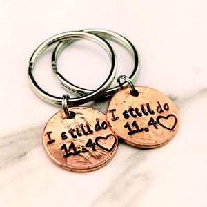 I still do custom penny keychain, Hand stamped anniversary gift, Gift for husband or wife, anniversary keepsake, anniversary token, Lucky