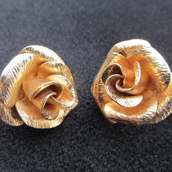 Vintage Bergere Gold Tone Rose Clip On Earrings, Vintage Flower Earrings