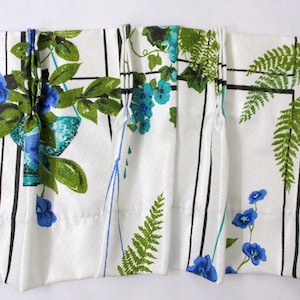 Vintage Mid Century Pleated Curtain Valence, White Blue Green Floral Valence Approx 50" x 11"