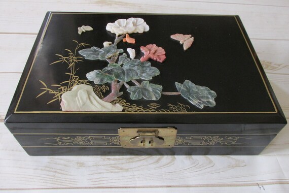 Vintage Asian Jewelry Box Black Gold Carved Vintage Asian Jewelry Box Black Gold