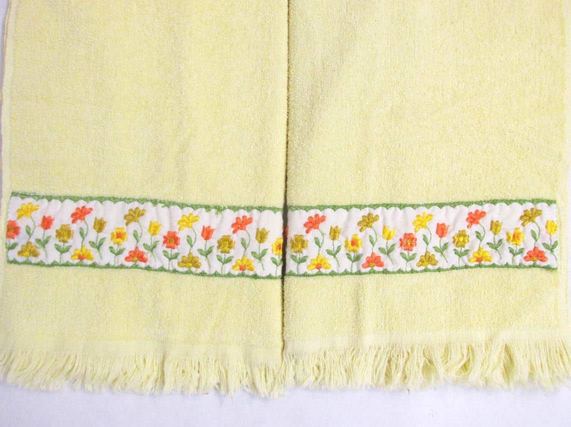 Vintage Yellow Floral Embroidered Bath Towels with Fringe Set Etsy