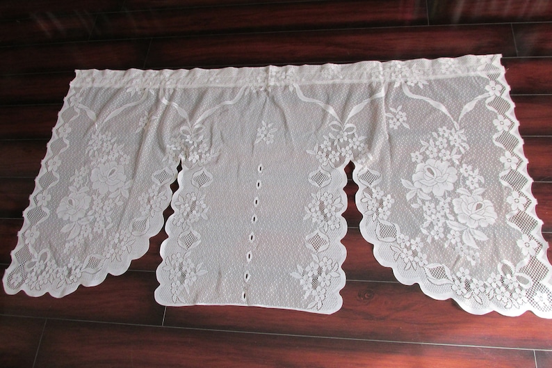 Kitchen Curtains 3 Panel Small Window Scalloped Curtain Sheer Curtains White Lace Valence Vintage Lace Curtains Floral Lace Fabric