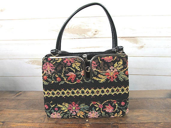 Vintage Black Crochet Floral Purse