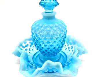 Vintage Fenton Glass Hobnail Blue Opalescent Perfume Bottle and Jewelry Dish
