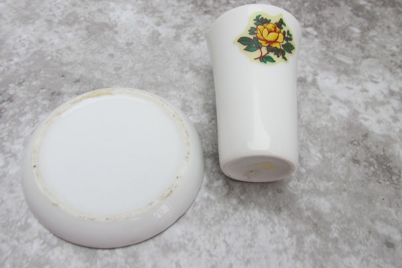 Tiny Vintage Trinket Vanity Dish and Shot Glass Toothpick Holder Small Yellow Rose Pattern Dishes Vintage Kitchen or Bathroom Decor