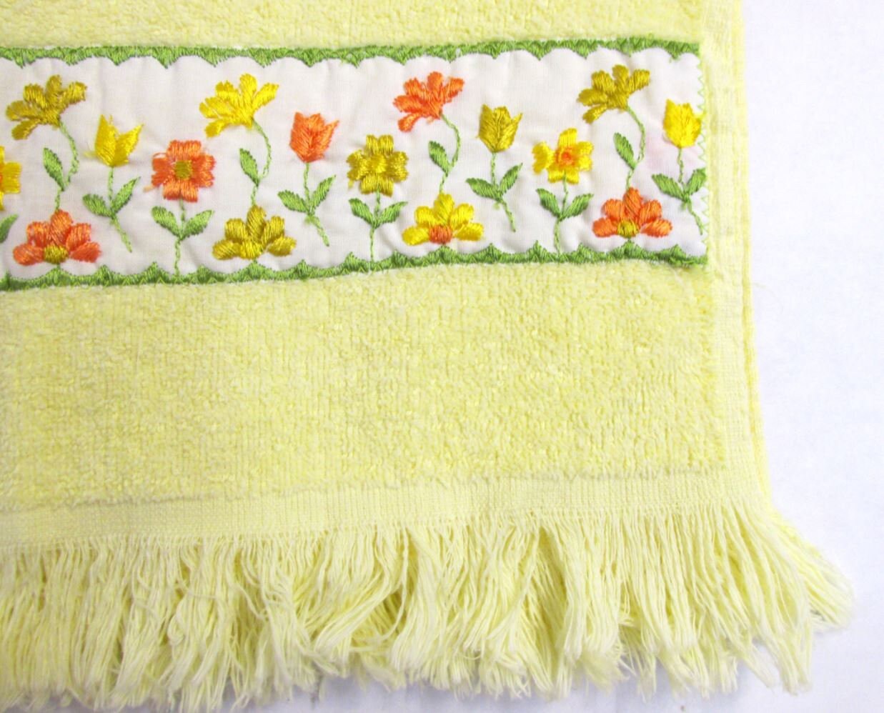 Vintage Yellow Floral Embroidered Bath Towels with Fringe Set Etsy