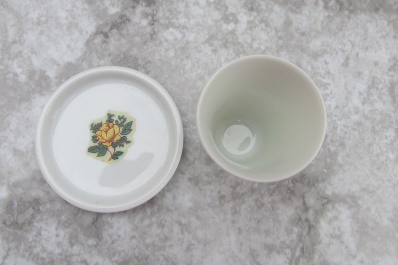 Tiny Vintage Trinket Vanity Dish and Shot Glass Toothpick Holder Small Yellow Rose Pattern Dishes Vintage Kitchen or Bathroom Decor