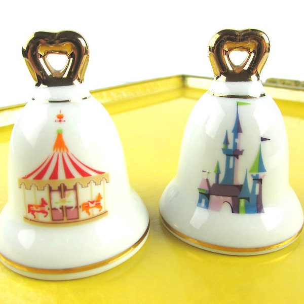 Vintage Disney Salt & Pepper Shakers, Mid Century Disneyland Souvenir Salt and Pepper Shakers with Castle and Carousel, Made In Japan