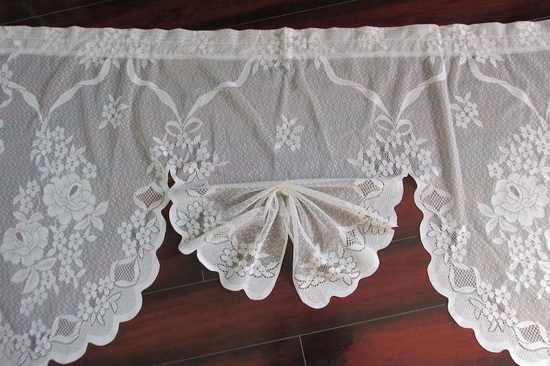 Kitchen Curtains 3 Panel Small Window Scalloped Curtain Sheer Curtains White Lace Valence Vintage Lace Curtains Floral Lace Fabric