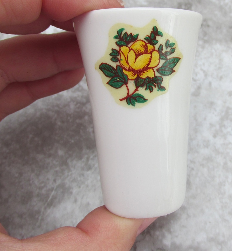 Tiny Vintage Trinket Vanity Dish and Shot Glass Toothpick Holder Small Yellow Rose Pattern Dishes Vintage Kitchen or Bathroom Decor