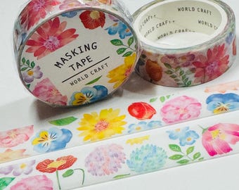 FLORES PASTEL ALEGRE Cinta Washi para Manualidades Floral World ~ 1 Rollo ~ 15 mm x 7 m (23 Pies)